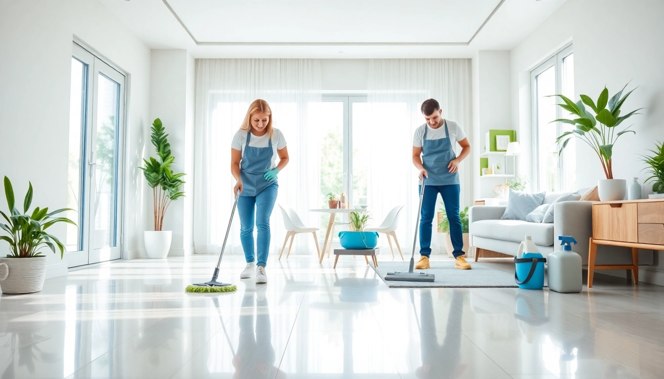 Efficient deep cleaning services Dubai team diligently scrubbed floors in a bright, modern apartment.
