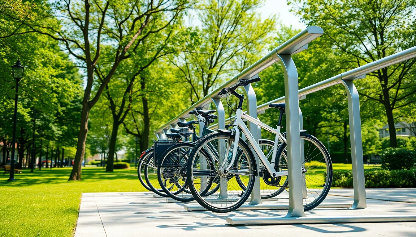 Showcase a modern bike rack, blending functionality and style in an urban park.