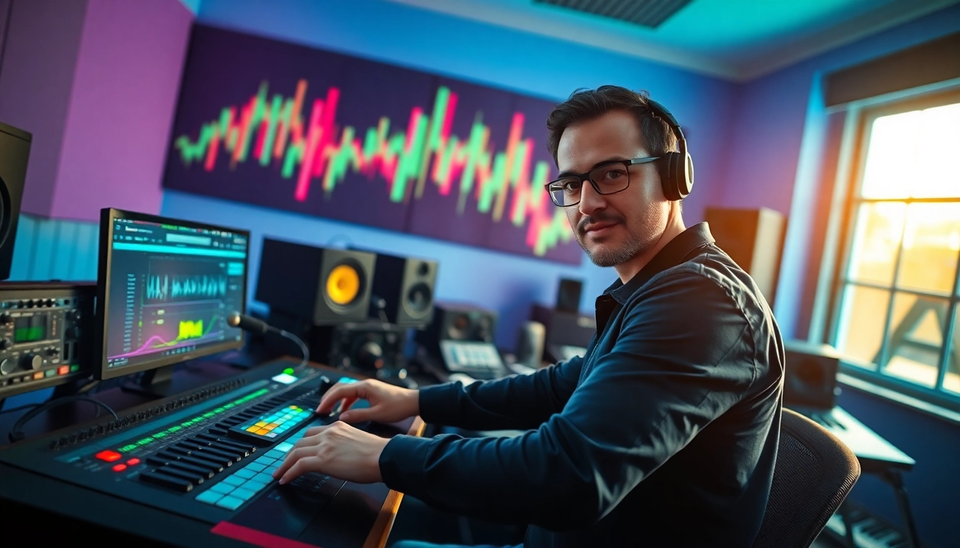 Creating Bass house presets in a professional audio studio with vibrant lighting and equipment.