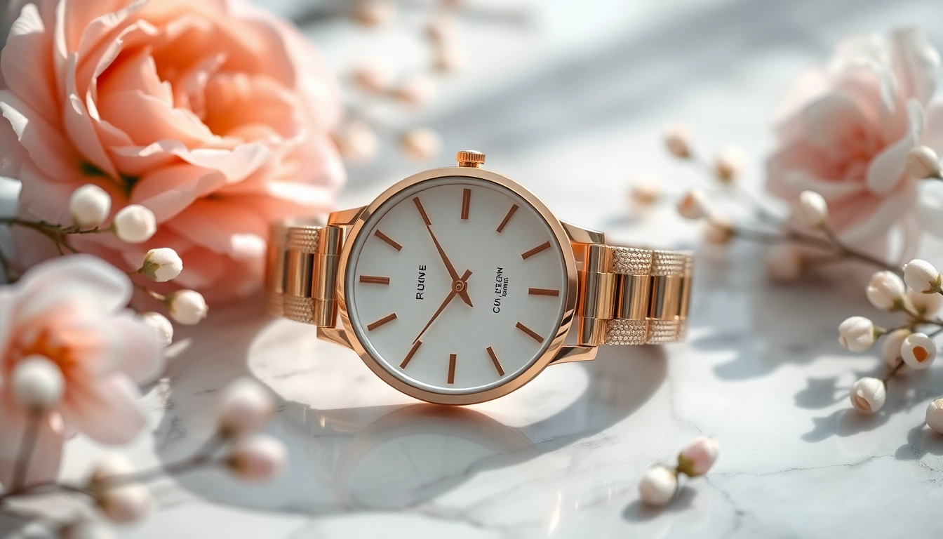 Elegante Damen Armbanduhr auf einem Marmor-Tisch mit floralen Akzenten.