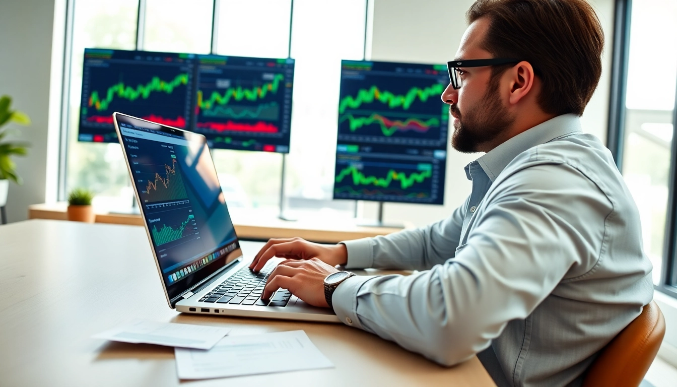 Engaging in social trading with a professional investment setup and financial charts.
