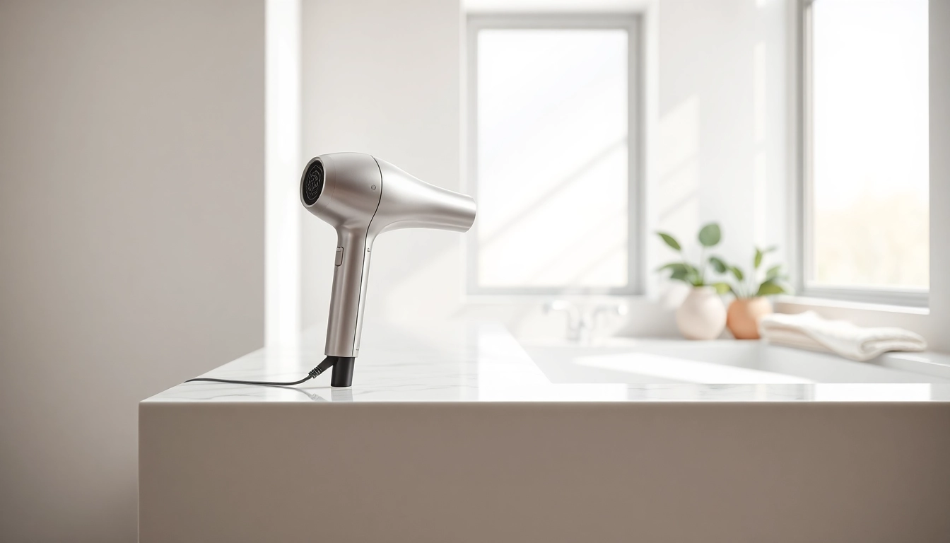 Using a lightweight hair dryer on a marble countertop in a stylish bathroom setting.