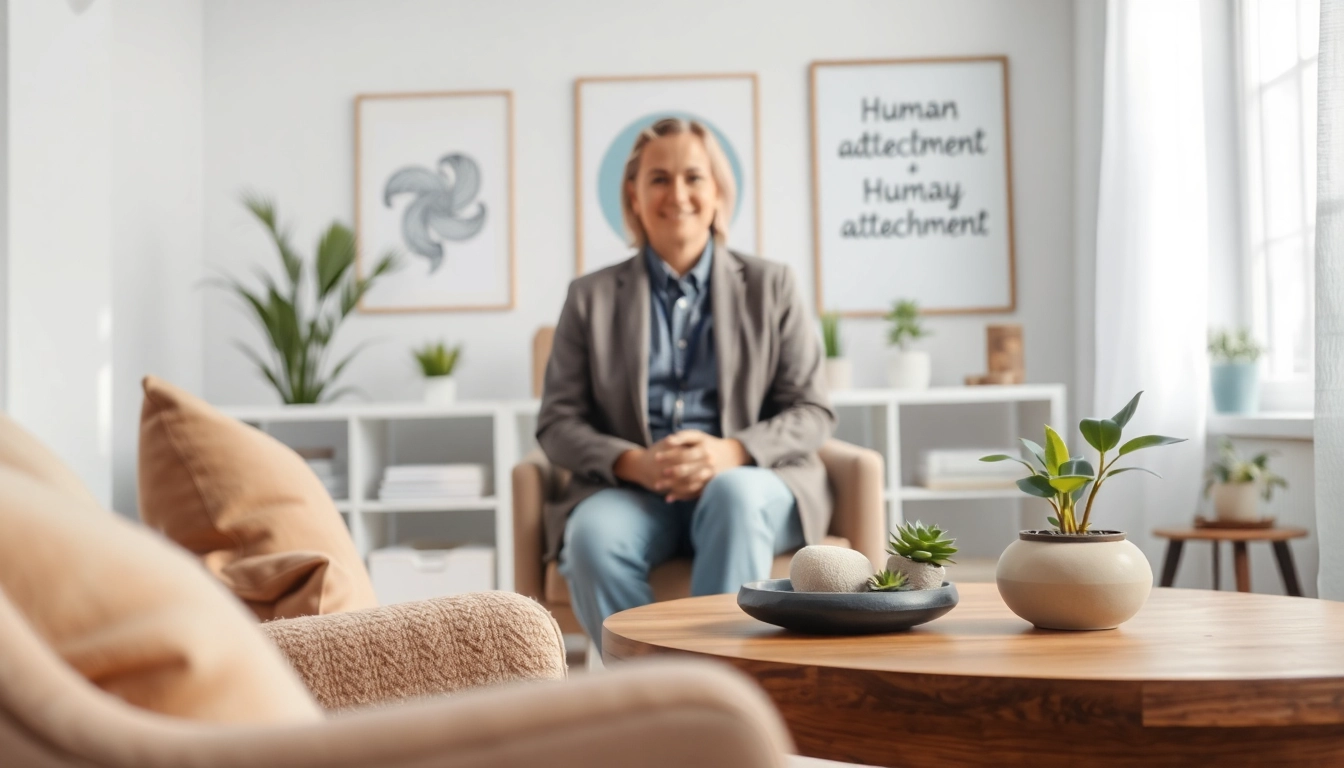 Showcasing an attachment theory specialist in a calming therapy setting, emphasizing connection and comfort.