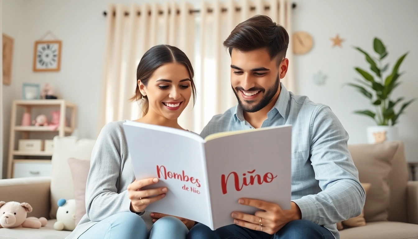 Descubre opciones de Nombres de Niño mientras una pareja busca inspiración en un libro.