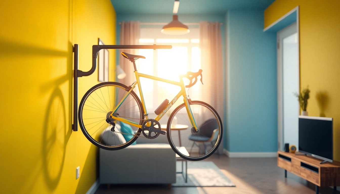 Showcase of a space-saving bike rack elegantly holding a bicycle in a stylish apartment.