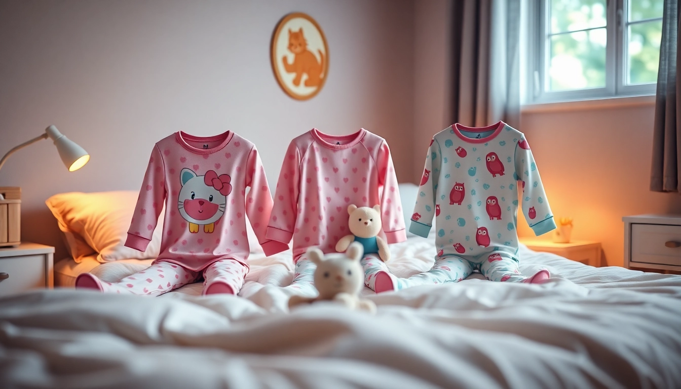 Shop vibrant and cozy kids pajamas with playful designs on a comfortable bed.