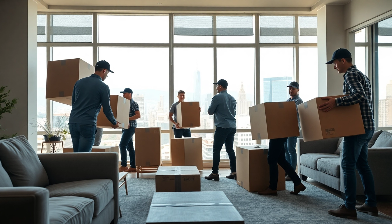 Manhattan movers expertly relocating furniture in a bright urban apartment with a view.