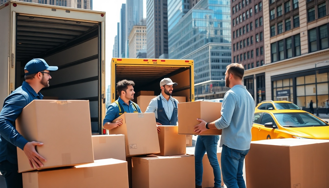Efficient Moving company nyc team packing boxes in an urban environment