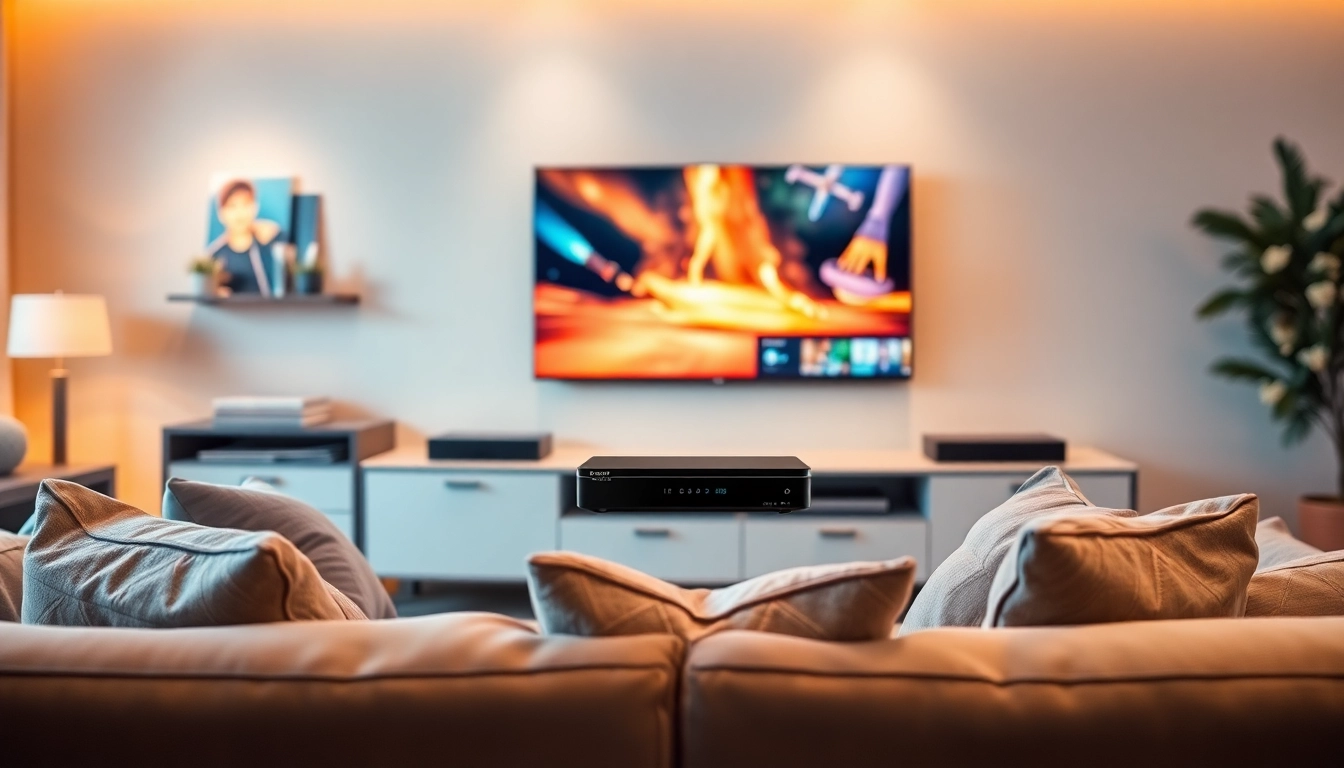 Showcasing an IPTV subscription device in a modern living room setting.