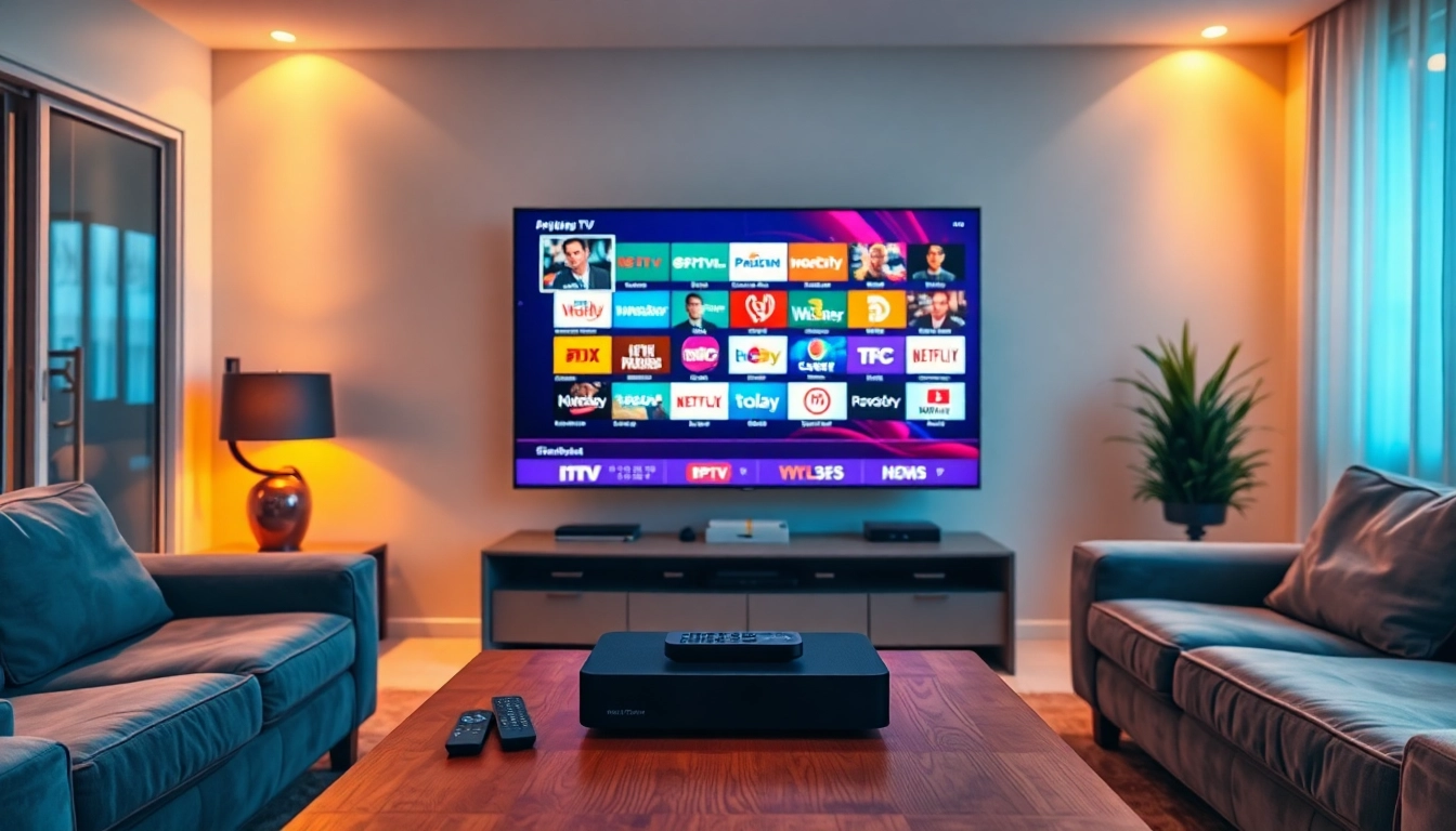 Comprar IPTV en un elegante salón moderno con un televisor mostrando diversos canales.
