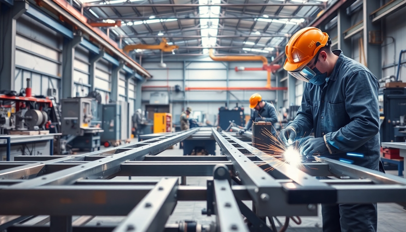 Workers diligently crafting steel structures in a vibrant steel fabrication shop.