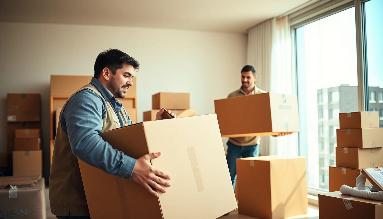 Experienced movers calgary team professionally packing boxes in a bright apartment