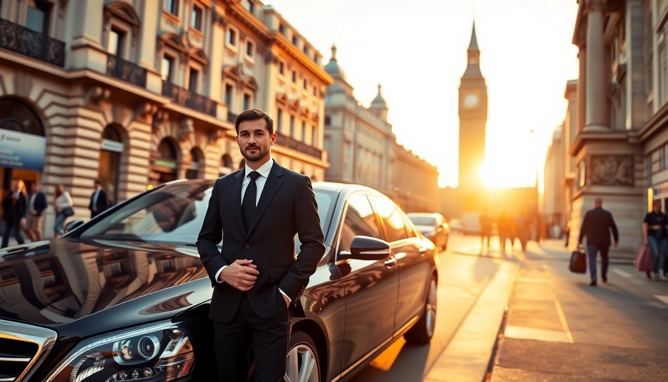 Experience a professional luxury chauffeur service London with a sleek black car in a vibrant cityscape.