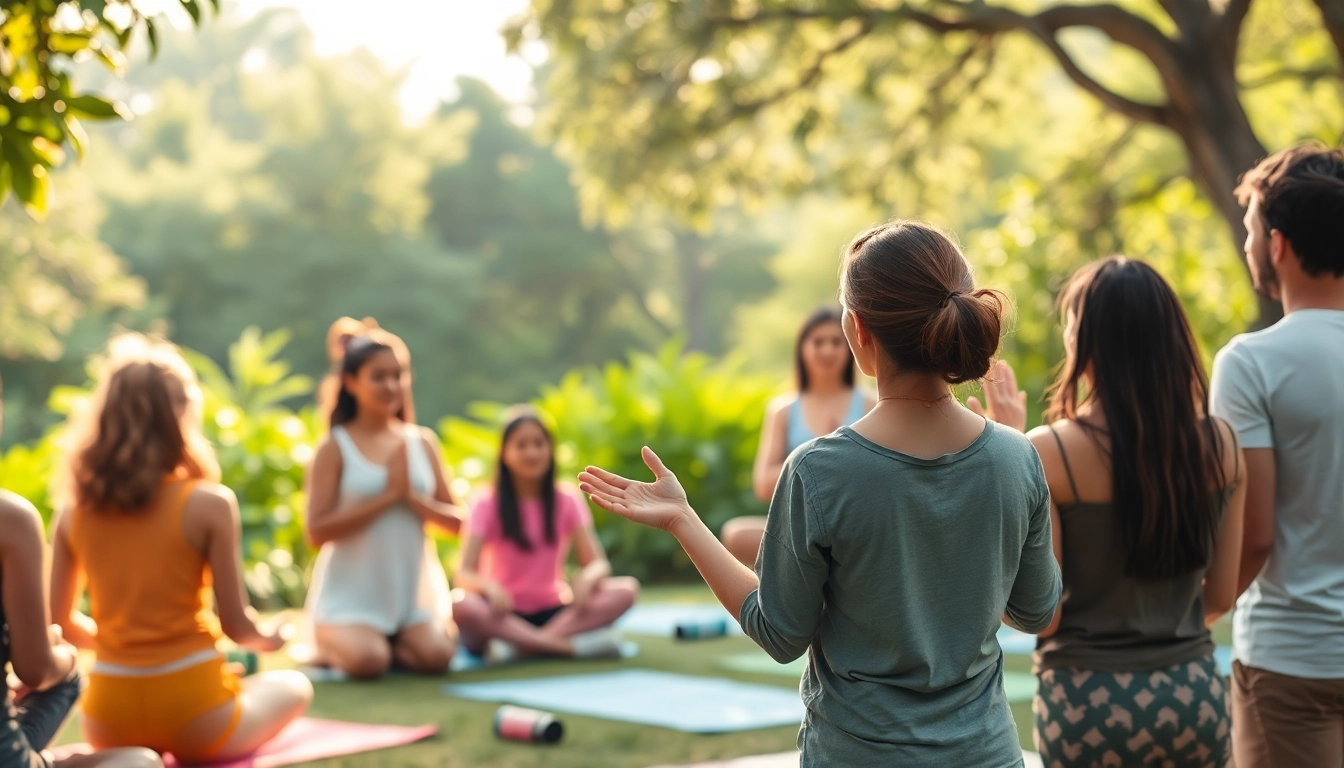 Promote wellness through a professional coach guiding a diverse group outdoors.