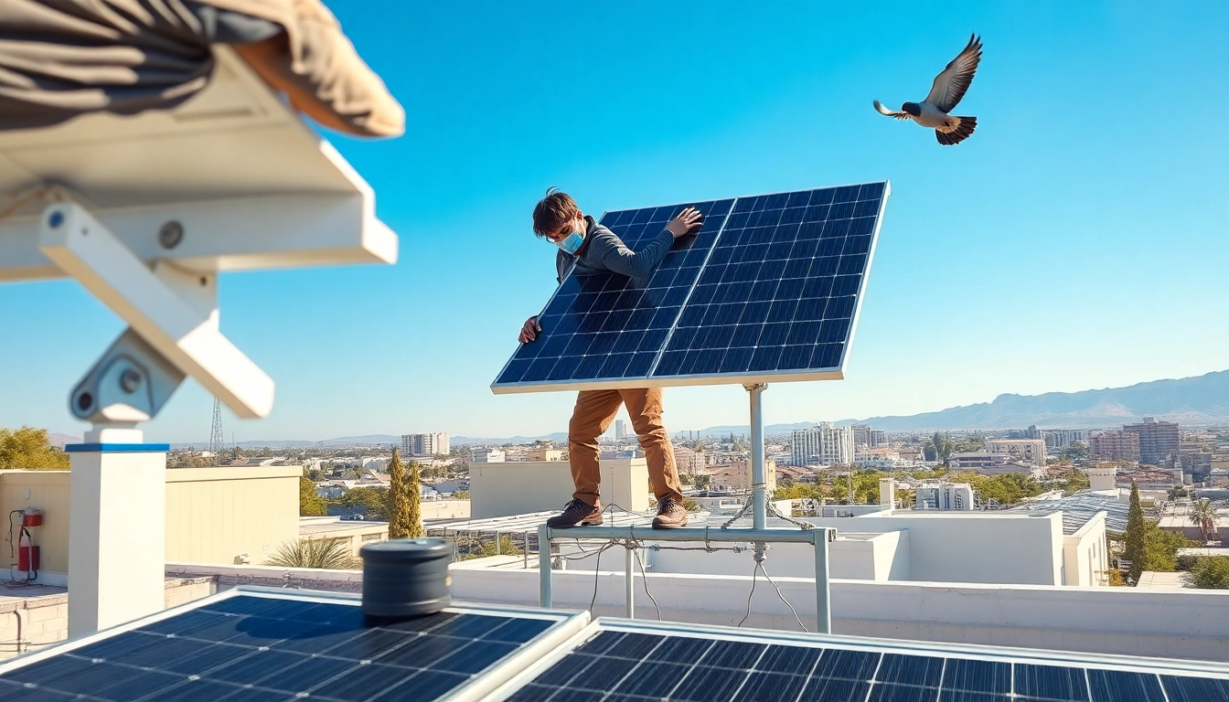 Pigeon proofing solar panels Phoenix with professionals installing protective measures against birds.