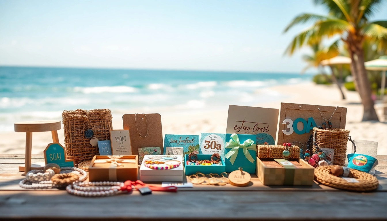 Engaging display of 30a gifts on a wooden table with a sunny beach background.