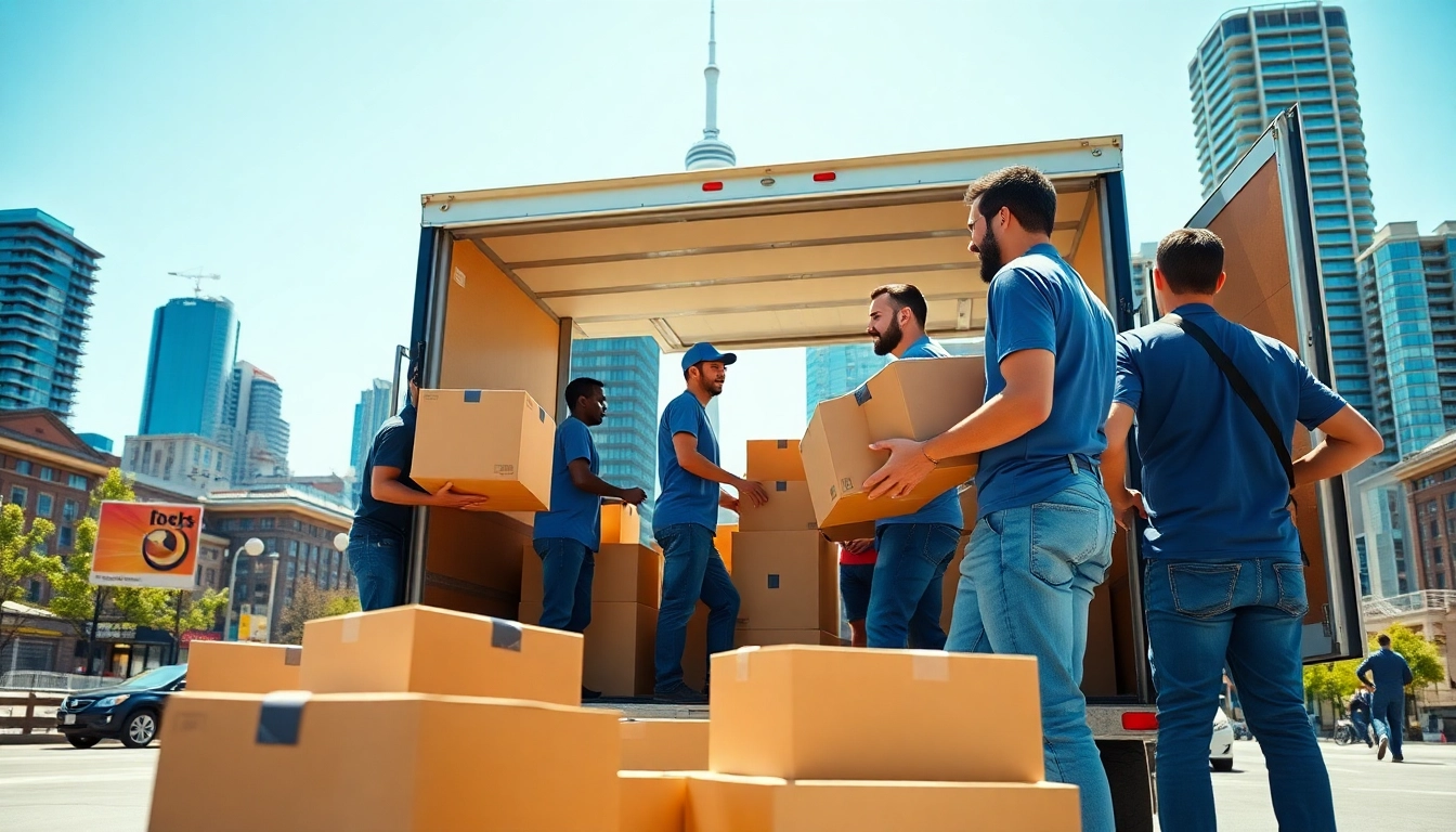 Efficient Toronto moving services team carefully loading a truck in Toronto's skyline.