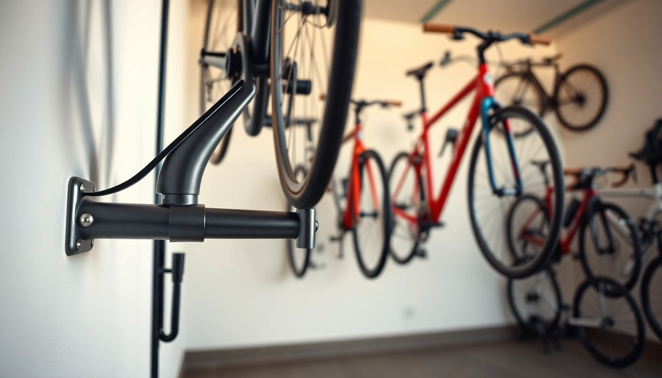 Securely mounted bike wall mount featuring various bicycles in a bright garage setting.