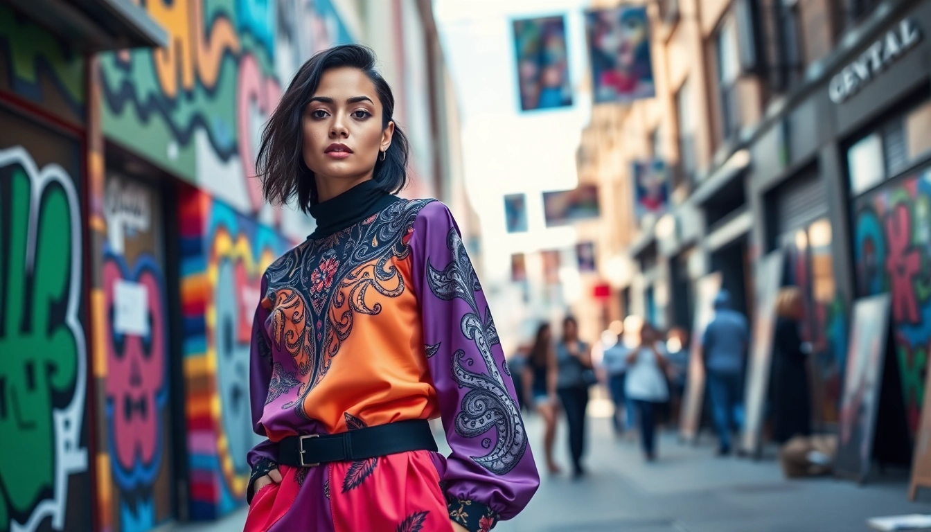 Showcasing premium art clothing Calgary on a model in an urban art district.